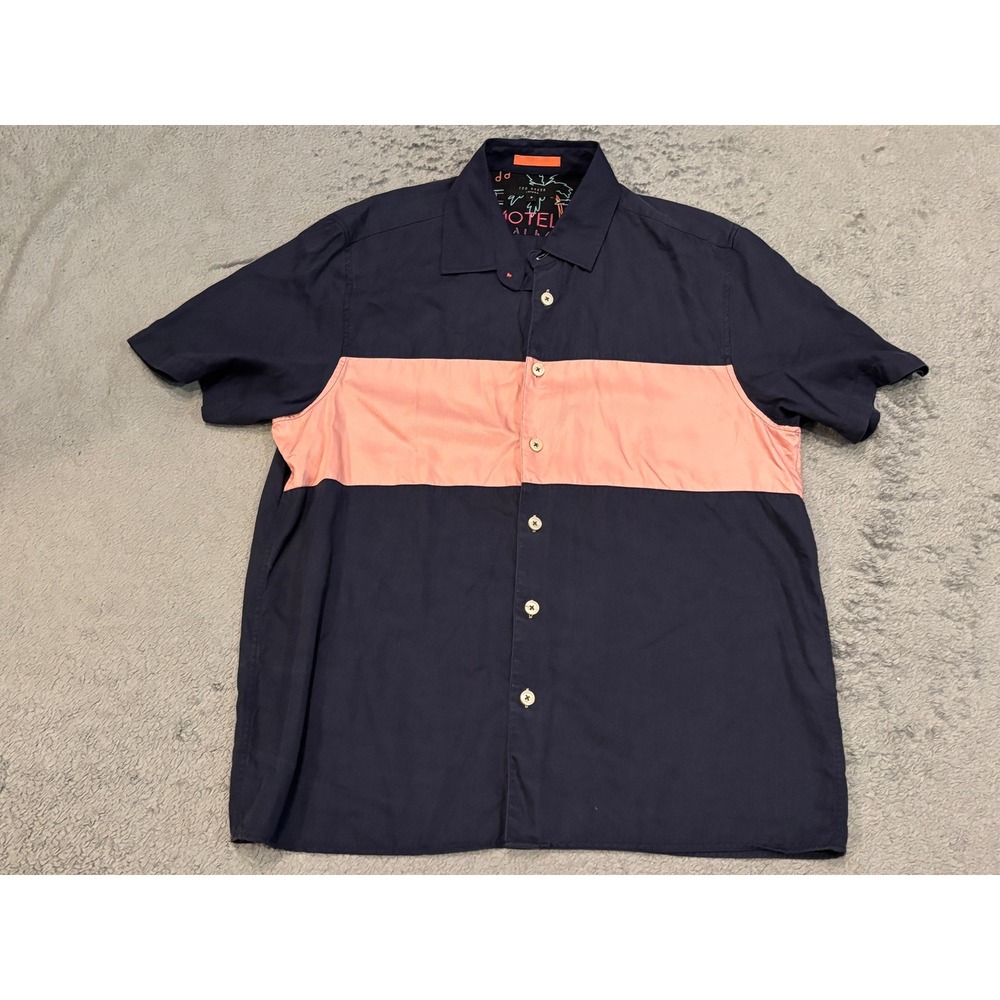 Ted Baker London Mens Navy Blue Coral Colorblock Lyocell Short Sleeve Shirt Sz 5